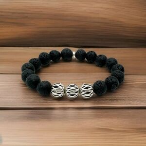 NEW Mens Silver Beads & Black Lava Rock Bracelet 10mm (Fast Ship)